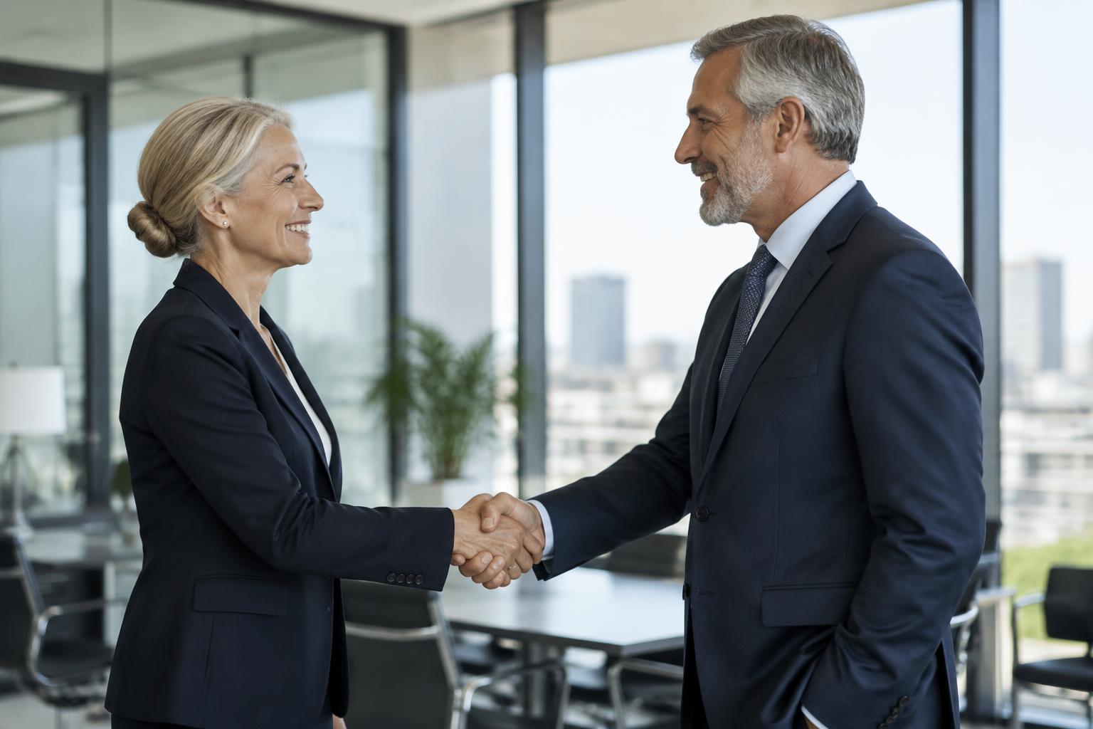 Hiring leader shaking hands with an executive in a bright office
